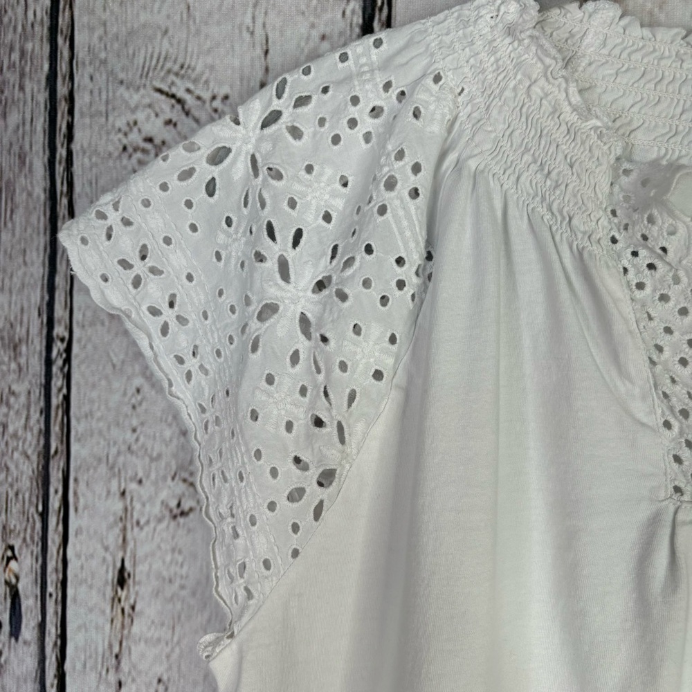 LOFT Size Large White Blouse Eyelet Sleeves & Neck‎ Split Neckline 100% Cotton - Picture 3 of 11